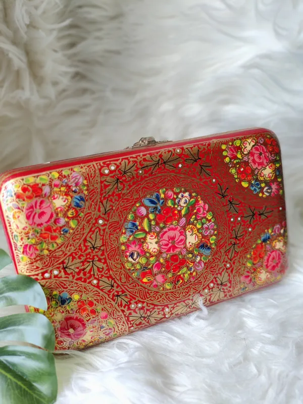 Orange_Kashmiri_Papier_Mache_Handmade_Bag_In_Hot_Red_And_Gold_For_Women