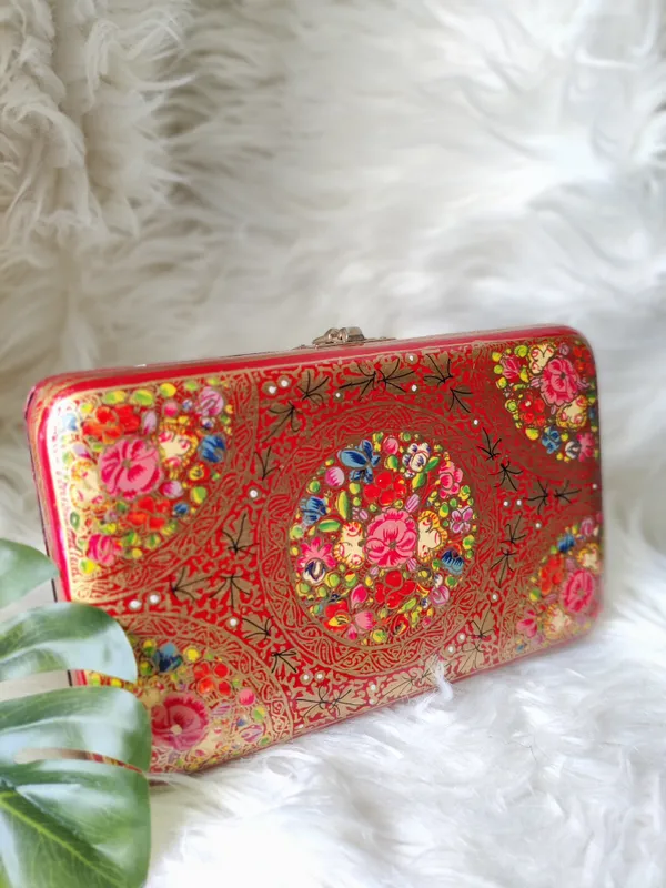 Orange_Kashmiri_Papier_Mache_Handmade_Bag_In_Hot_Red_And_Gold_For_Women