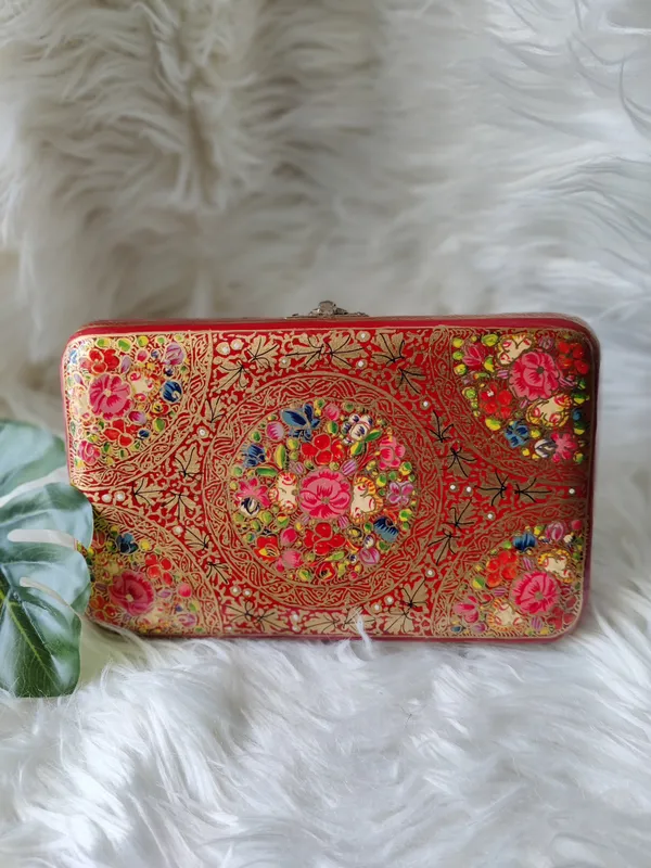 Orange_Kashmiri_Papier_Mache_Handmade_Bag_In_Hot_Red_And_Gold_For_Women