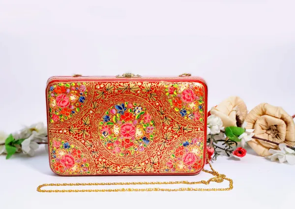 Orange_Kashmiri_Papier_Mache_Handmade_Bag_In_Hot_Red_And_Gold_For_Women