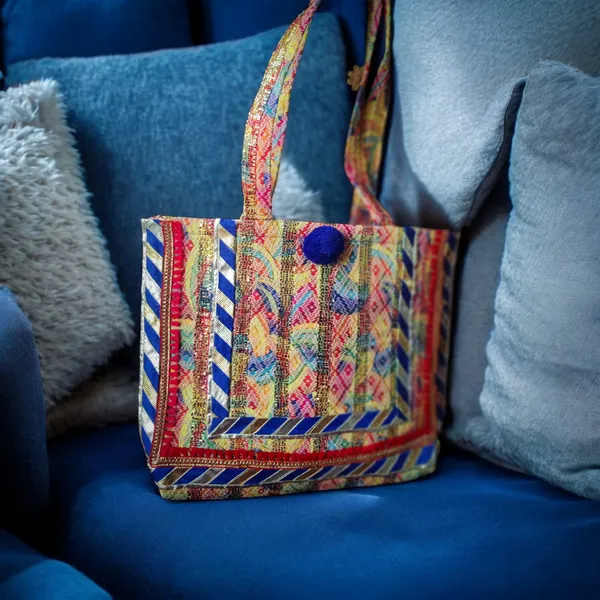 Red_Xlarge_Size_Tote_In_Zari_Jacquard_Fabric_With_Blue_Pompom_For_Women