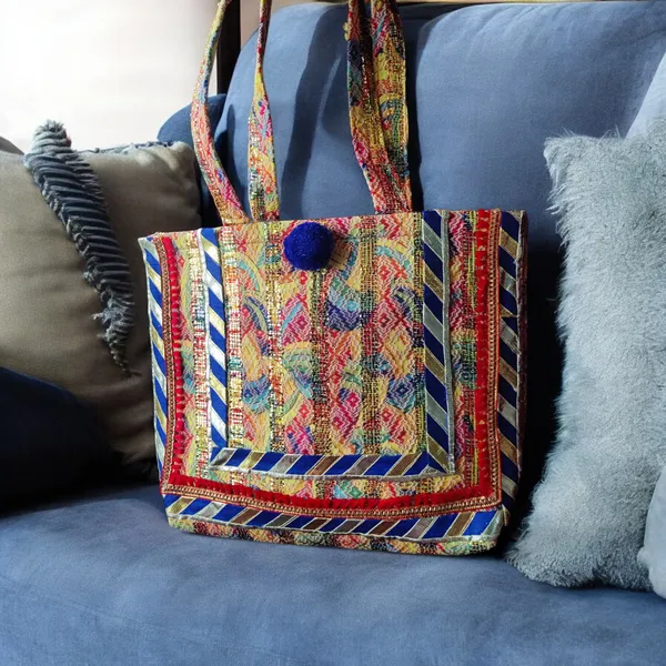 Red_Xlarge_Size_Tote_In_Zari_Jacquard_Fabric_With_Blue_Pompom_For_Women