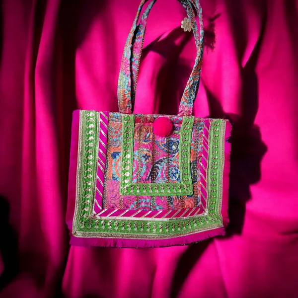 Pink_Tote_Bag_In_Imported_Fuscia_Jacquard_Fabric_With_Frill_Borders_For_Women