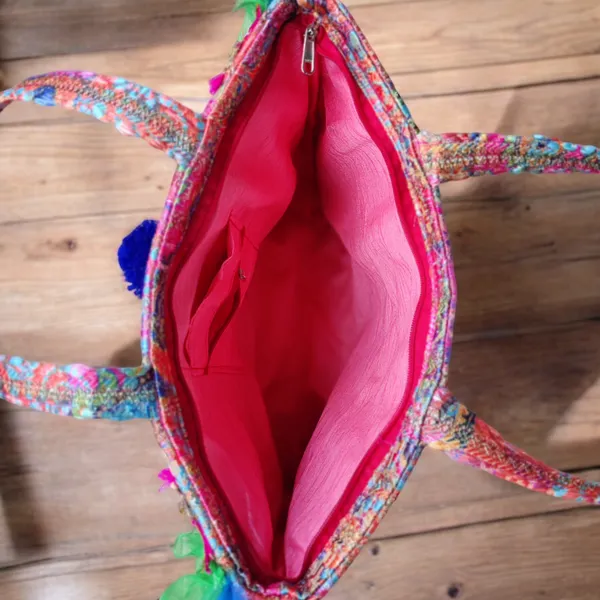 Pink_Tote_Bag_In_Imported_Fuscia_Jacquard_Fabric_With_Frill_Borders_For_Women