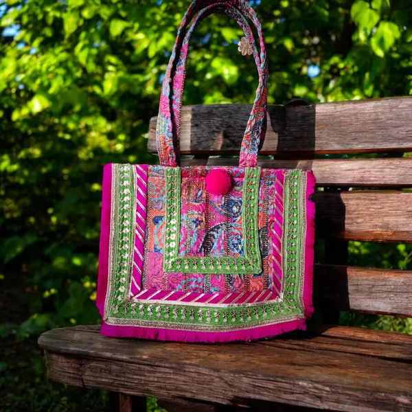 Pink_Tote_Bag_In_Imported_Fuscia_Jacquard_Fabric_With_Frill_Borders_For_Women