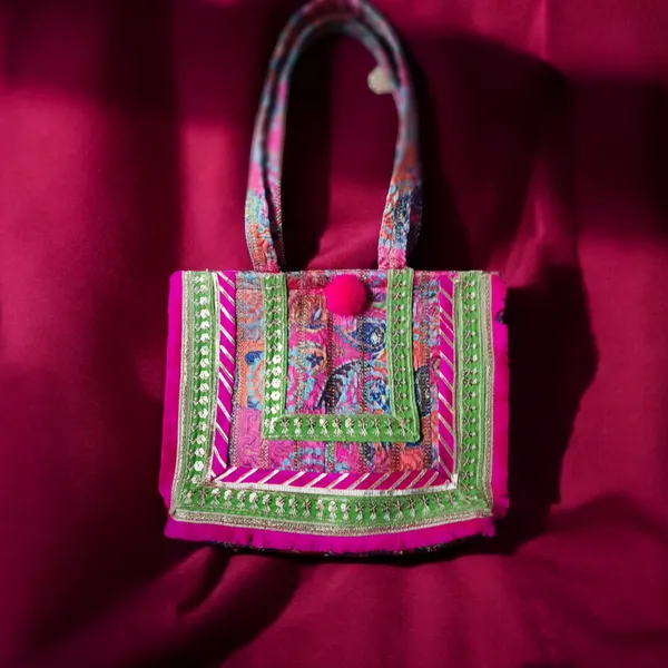 Pink_Tote_Bag_In_Imported_Fuscia_Jacquard_Fabric_With_Frill_Borders_For_Women