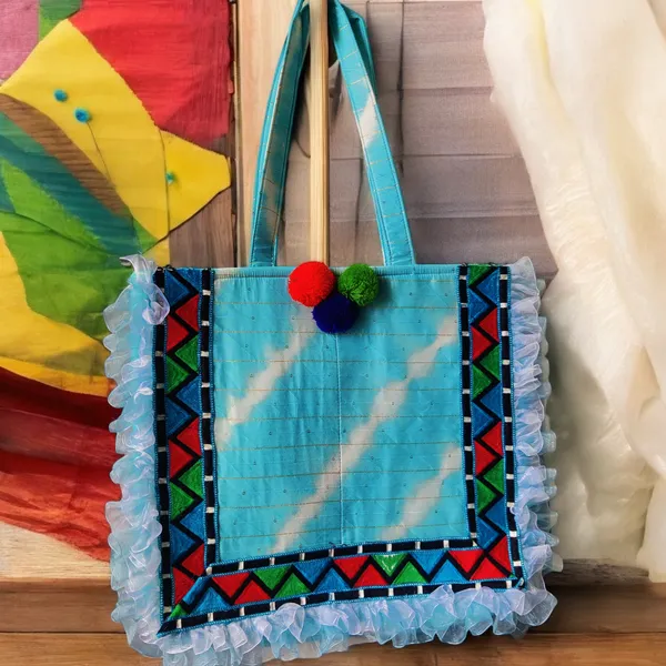 Blue_Xlarge_Tote_Bag_In_Blue_N_White_Silk_Leheriya_With_Frill_Border_For_Women