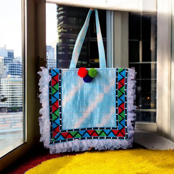 Blue_Xlarge_Tote_Bag_In_Blue_N_White_Silk_Leheriya_With_Frill_Border_For_Women