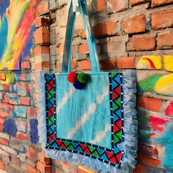 Blue_Xlarge_Tote_Bag_In_Blue_N_White_Silk_Leheriya_With_Frill_Border_For_Women