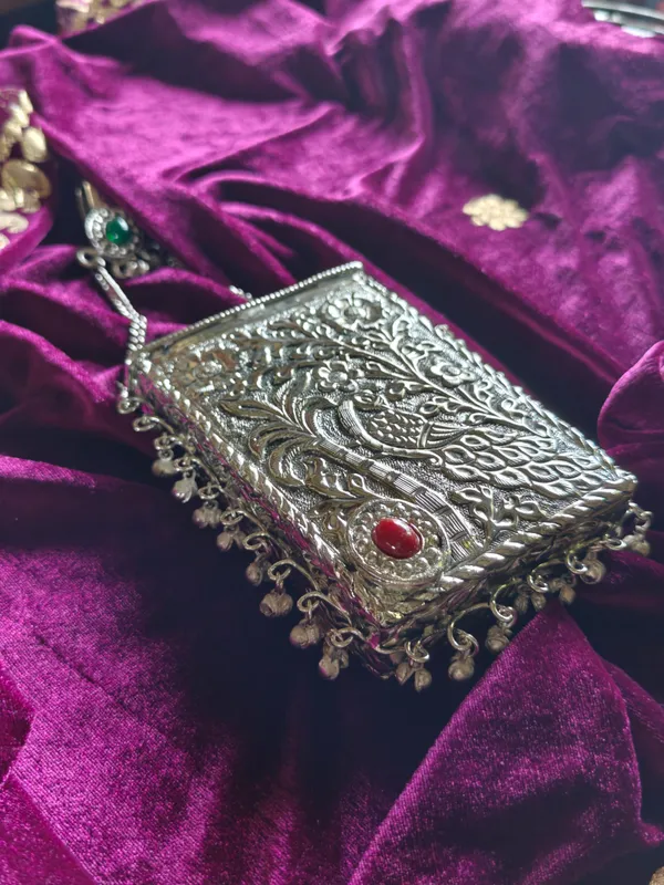 Silver_Handcrafted_Peacock_Brass_Silver_Festive_Mobile_Pouch_For_Women