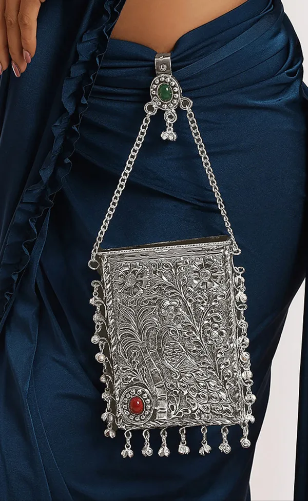 Silver_Handcrafted_Peacock_Brass_Silver_Festive_Mobile_Pouch_For_Women