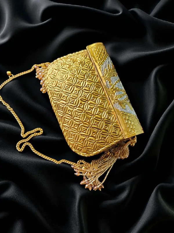 Gold_Dual_Tone_Rectangular_Gold_Silver_Floral_Engraved_Brass_Handbag_With_Side_Tassels_For_Women