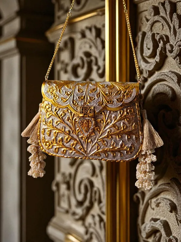 Gold_Dual_Tone_Rectangular_Gold_Silver_Floral_Engraved_Brass_Handbag_With_Side_Tassels_For_Women