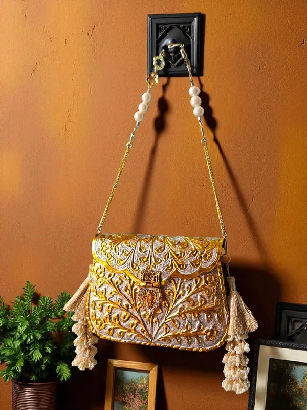Gold_Dual_Tone_Rectangular_Gold_Silver_Floral_Engraved_Brass_Handbag_With_Side_Tassels_For_Women