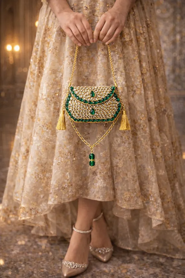 Gold_Sheesh_Mahal_Nano_Bags_Gold_Hexagon_With_Green_Crystal_Border_For_Women