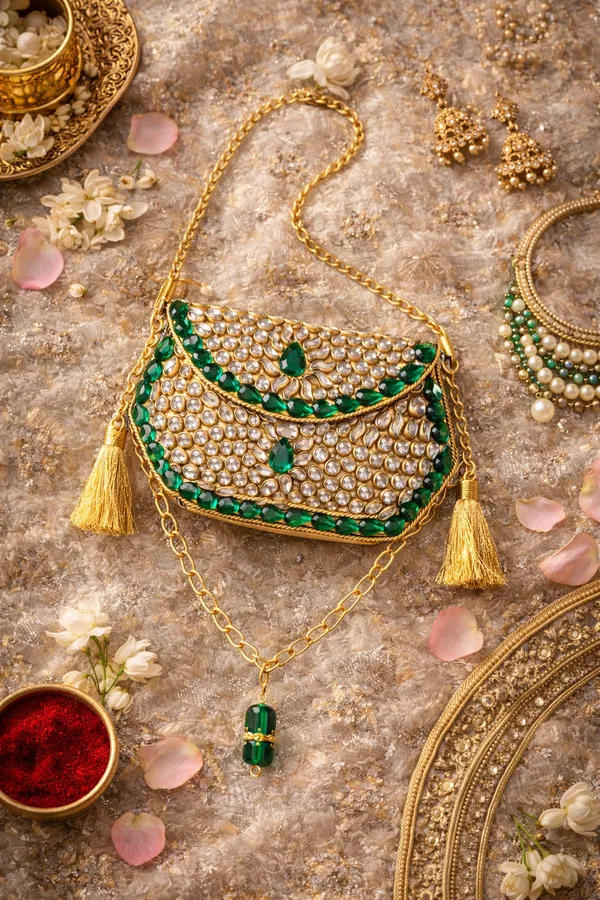 Gold_Sheesh_Mahal_Nano_Bags_Gold_Hexagon_With_Green_Crystal_Border_For_Women