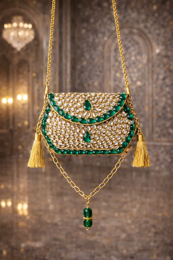Gold_Sheesh_Mahal_Nano_Bags_Gold_Hexagon_With_Green_Crystal_Border_For_Women