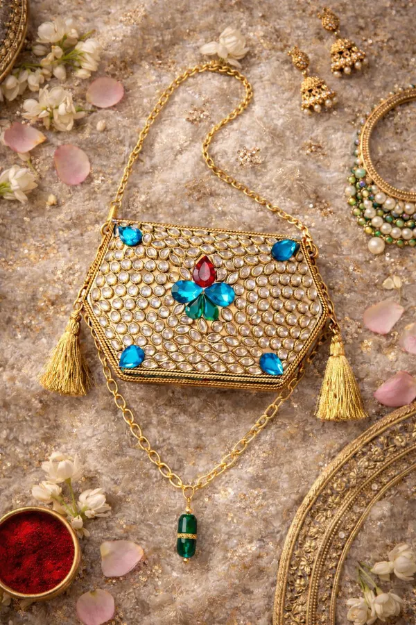 Gold_Sheesh_Mahal_Nano_Bags_Gold_Hexagon_With_Green_Crystal_Border_For_Women