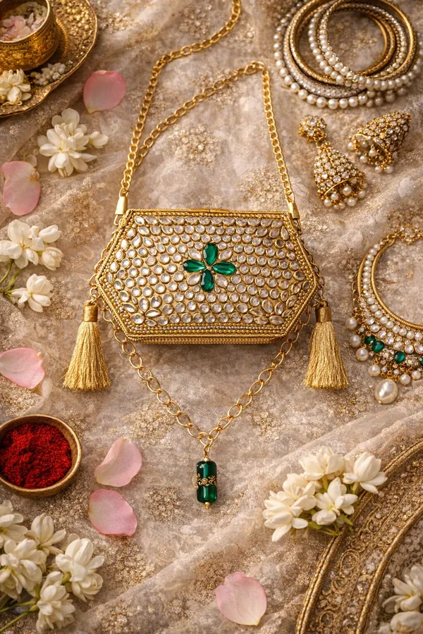 Green_Sheesh_Mahal_Nano_Bags_Gold_Hexagon_With_Tassels_For_Women