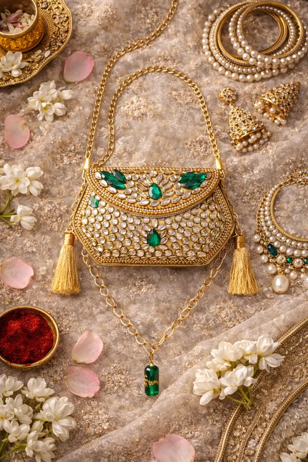 Green_Sheesh_Mahal_Nano_Bags_Gold_Hexagon_With_Tassels_For_Women