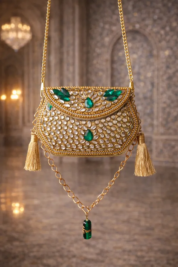 Green_Sheesh_Mahal_Nano_Bags_Gold_Hexagon_With_Tassels_For_Women