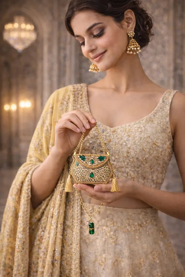 Green_Sheesh_Mahal_Nano_Bags_Gold_Hexagon_With_Tassels_For_Women