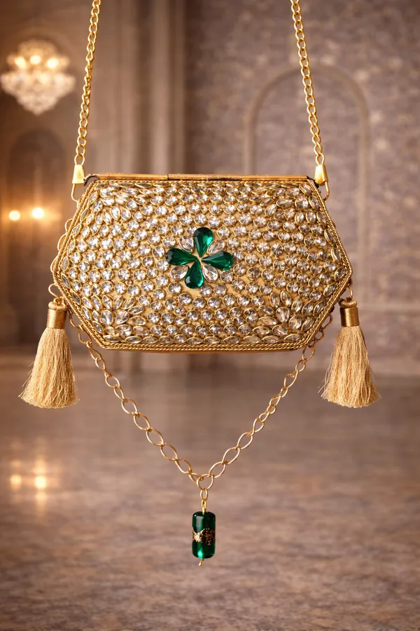 Green_Sheesh_Mahal_Nano_Bags_Gold_Hexagon_With_Tassels_For_Women