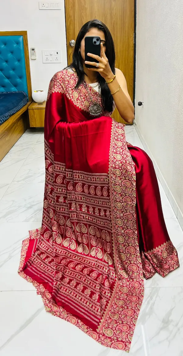 Red_Ajrakh_Modal_Silk_With_Unstitched_Blouse_Piece_Saree