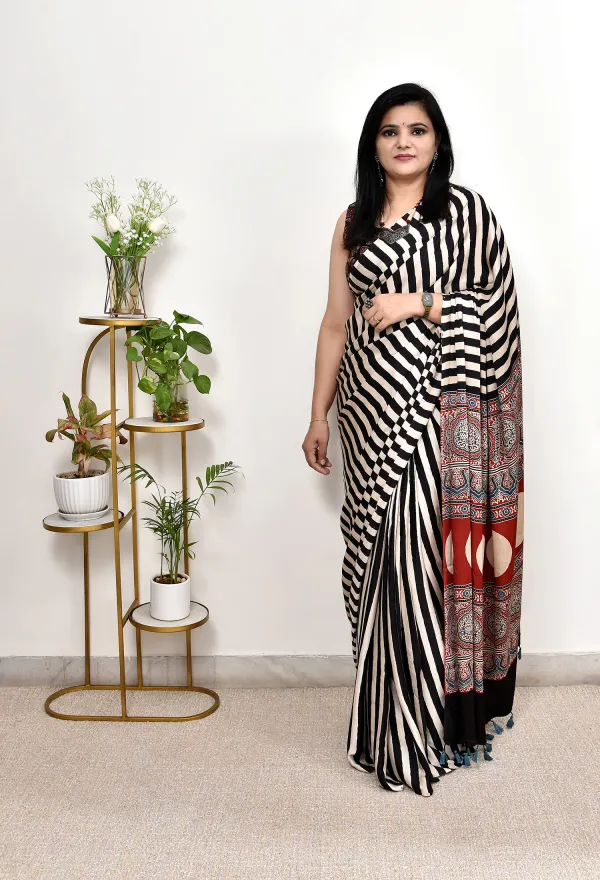 Black_And_White_Ajrakh_Modal_Silk_Saree