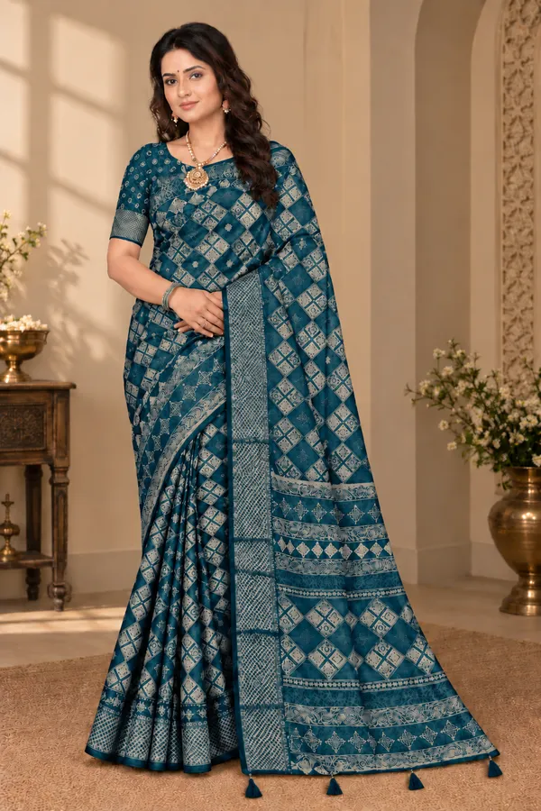 Teal_Georgette_Geometric_Print_Saree_For_Women