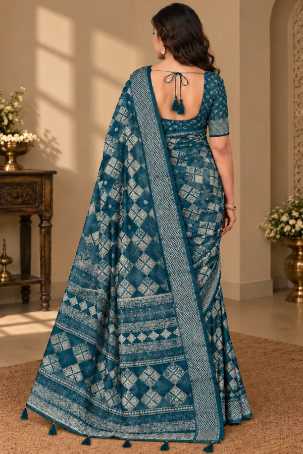 Teal_Georgette_Geometric_Print_Saree_For_Women