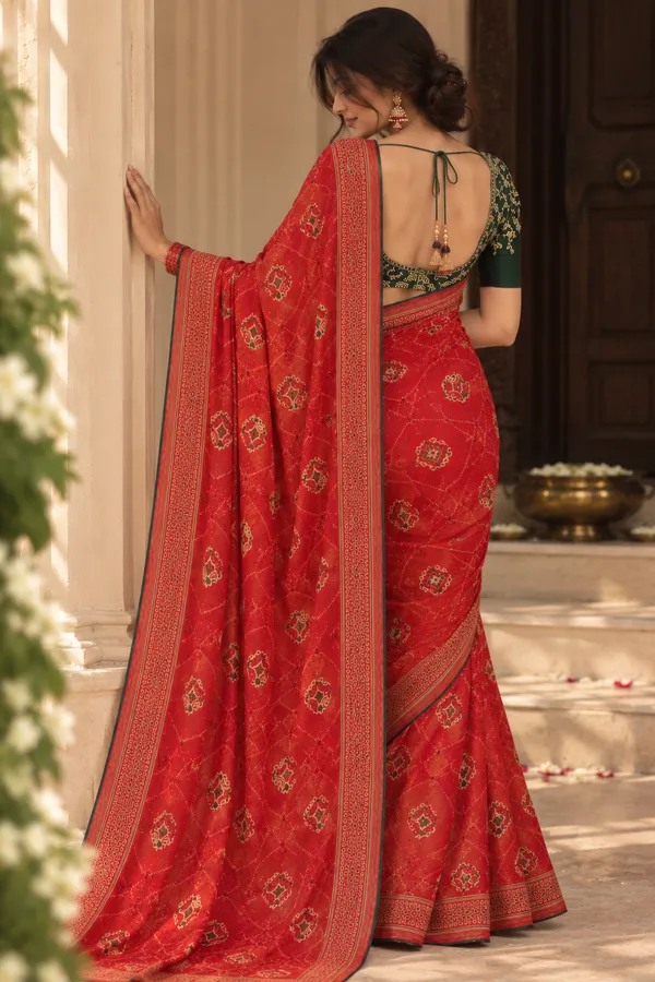 Red_Georgette_Traditional_Print_Saree_For_Women