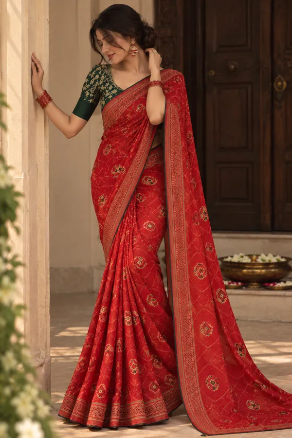 Red_Georgette_Traditional_Print_Saree_For_Women