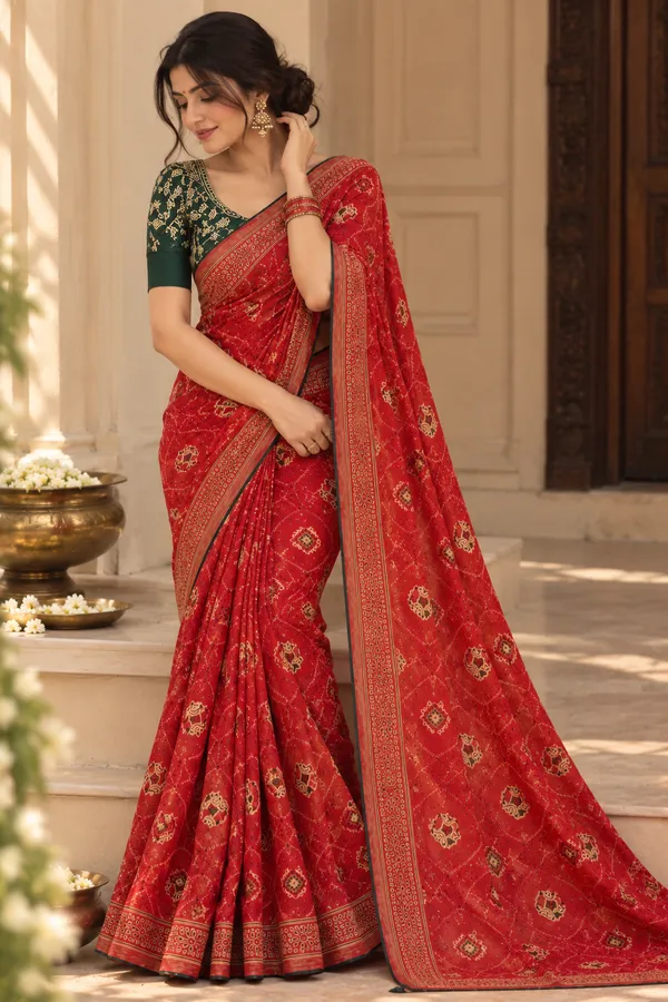 Red_Georgette_Traditional_Print_Saree_For_Women