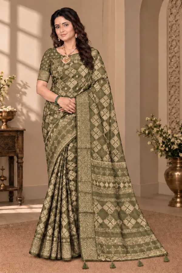 Olive_Green_Georgette_Geometric_Print_Saree_For_Women