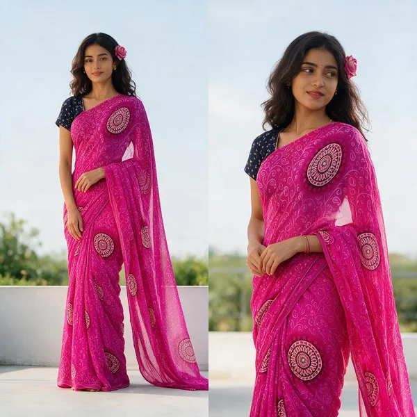 Pink_Georgette_Medallion_Print_Saree_For_Women