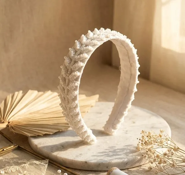 White_Cotton_Linen_Artisan_Beaded_Leaf_Headband_For_Women