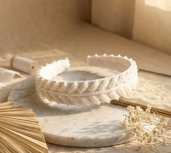 White_Cotton_Linen_Artisan_Beaded_Leaf_Headband_For_Women