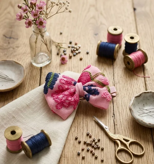 Pink_Cotton_Linen_Artisanal_Embroidered_Hair_Bow_Clip_For_Women