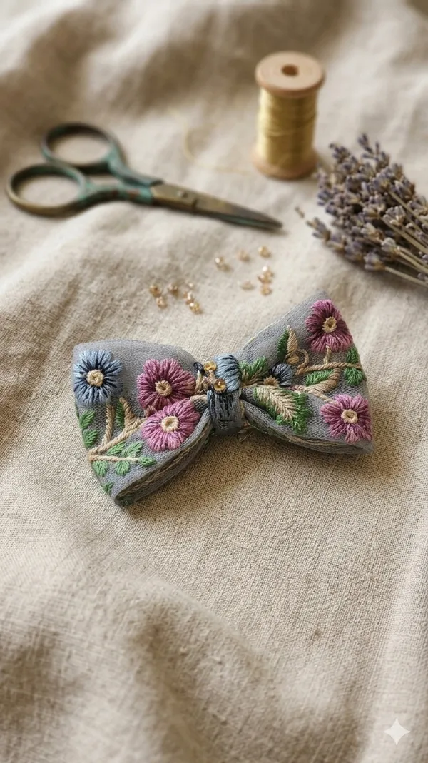 Grey_Cotton_Linen_Embroidered_Floral_Alligator_Bow_Clip_For_Women