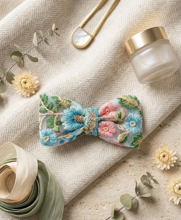 Sky_Blue_Cotton_Linen_Floral_Embroidered_Alligator_Clip_Bow_For_Women