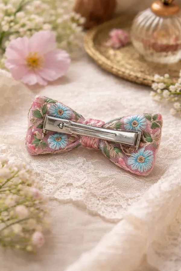 Pink_Cotton_Linen_Floral_Embroidered_Bow_Hair_Clip_For_Women