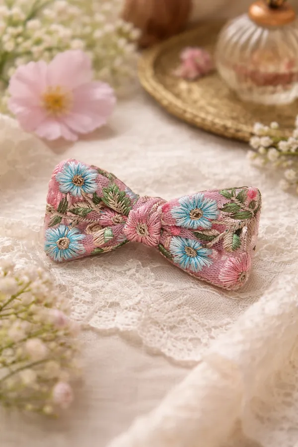 Pink_Cotton_Linen_Floral_Embroidered_Bow_Hair_Clip_For_Women