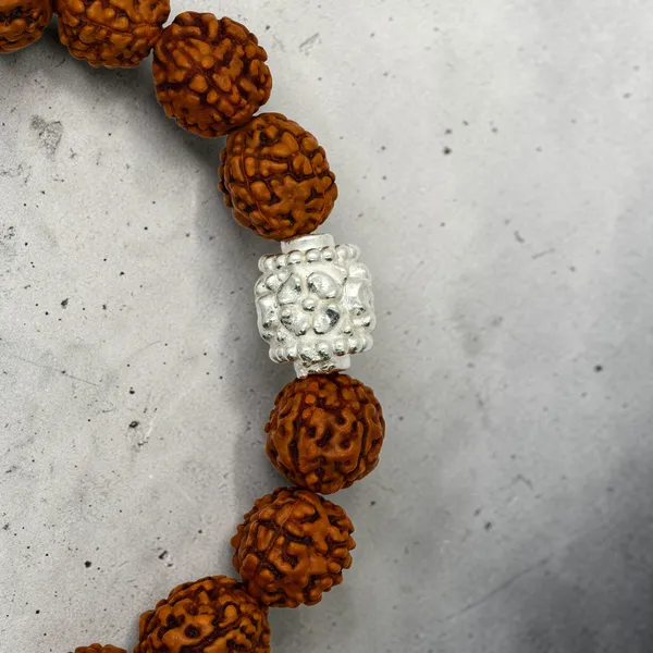 Silver_And_Brown_Rudraksha_Band_8_Mm_Beads_Spiritual_Wrist_Band