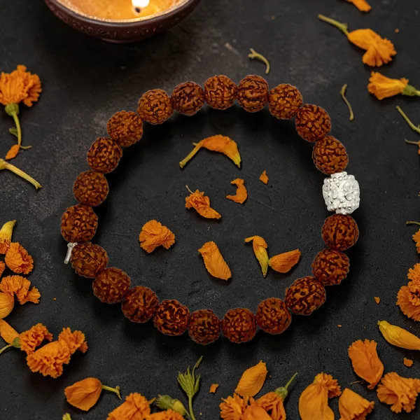 Silver_And_Brown_Rudraksha_Band_8_Mm_Beads_Spiritual_Wrist_Band