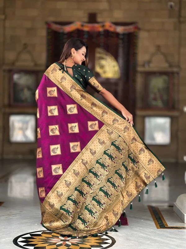Wine_Soft_Banarasi_Silk_Saree_With_Zari_Weaving_Meenakari_Design_All_Over_The_Saree_And_Contrast_Weaving_Rich_Pallu_With_Contrast_Weaving_Border_And_Tassels_Attached_At_Pallu_And_Blouse_For_Women