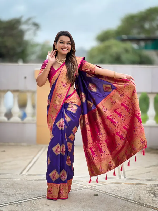 Purple_Soft_Banarasi_Silk_Saree_With_Zari_Weaving_Meenakari_Design_All_Over_The_Saree_And_Contrast_Weaving_Rich_Pallu_With_Contrast_Weaving_Border_And_Tassels_Attached_At_Pallu_And_Blouse_For_Women