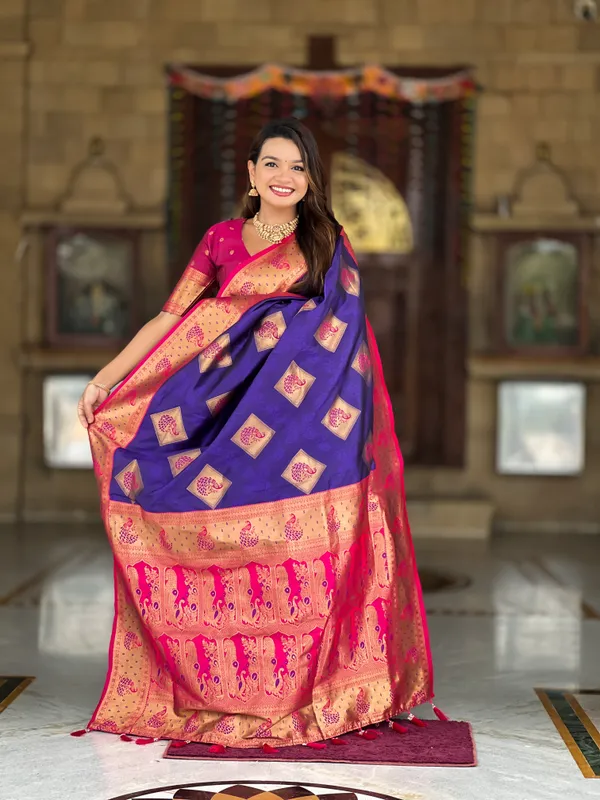 Purple_Soft_Banarasi_Silk_Saree_With_Zari_Weaving_Meenakari_Design_All_Over_The_Saree_And_Contrast_Weaving_Rich_Pallu_With_Contrast_Weaving_Border_And_Tassels_Attached_At_Pallu_And_Blouse_For_Women