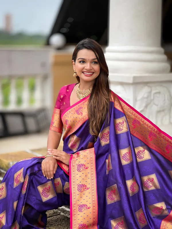 Purple_Soft_Banarasi_Silk_Saree_With_Zari_Weaving_Meenakari_Design_All_Over_The_Saree_And_Contrast_Weaving_Rich_Pallu_With_Contrast_Weaving_Border_And_Tassels_Attached_At_Pallu_And_Blouse_For_Women