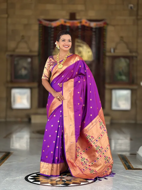 Purple_Soft_Pethani_Silk_Saree_With_Zari_Weaving_Motifs_Design_And_Meenakari_Weaving_Rich_Pallu_With_Meenakari_Weaving_Double_Munia_Border_And_Tassels_Attached_At_Pallu_End_Blouse_For_Women